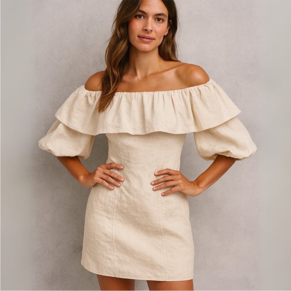 Skylar Rose Boldly Beautiful Puff Sleeve Off-the-Shoulder Mini Dress in Beige